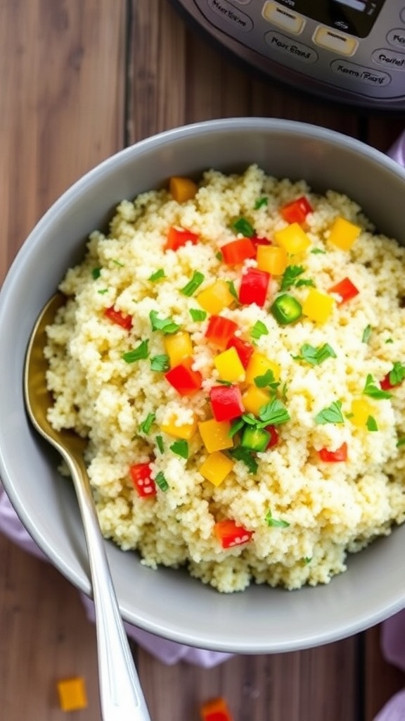 Fluffy quinoa in a bowl garnished with herbs and vegetables, on a rustic table.